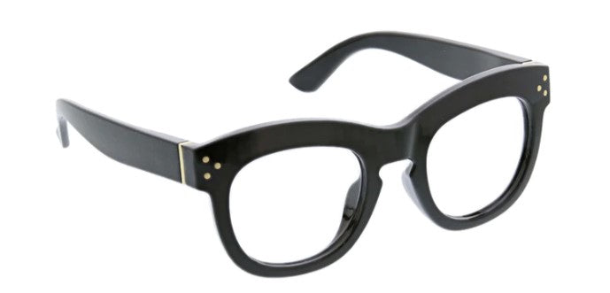 angled view of the black bravado blue light reading glasses on a white background