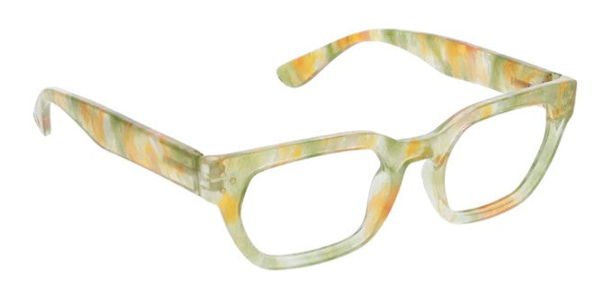 angled view of the green and orange prism blue light reading glasses on a white background