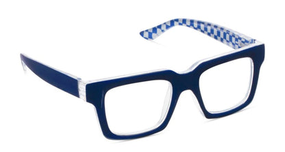 angled view of the Navy & Check Louie Blue Light Reading Glasses on a white background