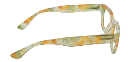 side view of the green and orange prism blue light reading glasses on a white background