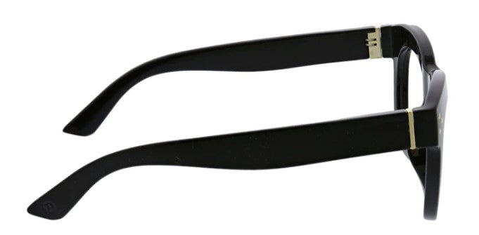 side view of the black bravado blue light reading glasses on a white background