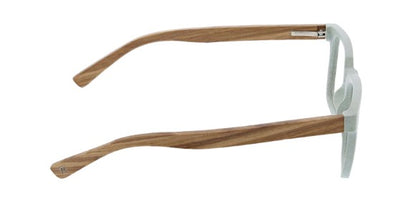 side view of the mint and wood homespun blue light reading glasses on a white background
