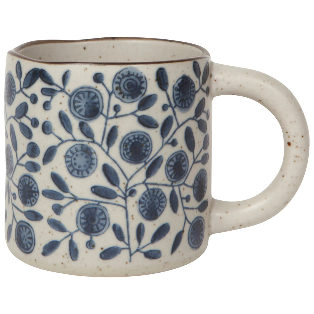 A ceramic mug with a floral pattern in blue and white colors on a beige background.
