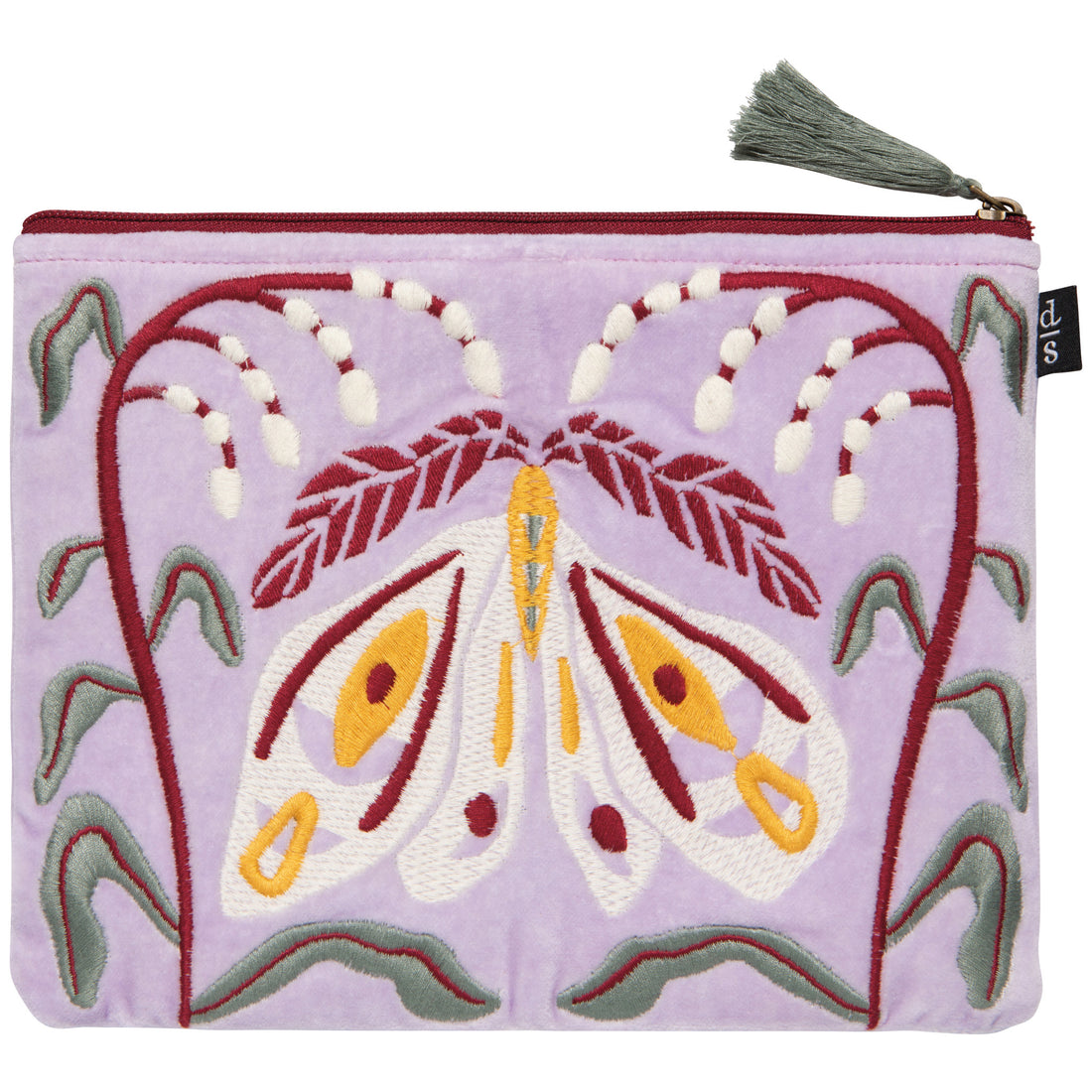 front view of lavender zipper pouch with embroidered design of moth and vines
