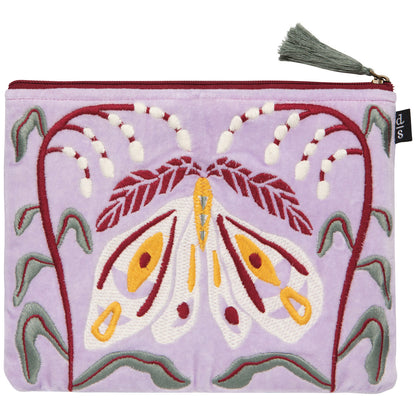 front view of lavender zipper pouch with embroidered design of moth and vines