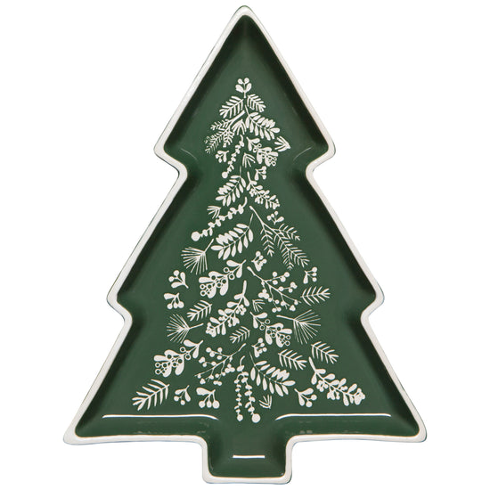 top view of Christmas tree-shaped tray with evergreen pattern