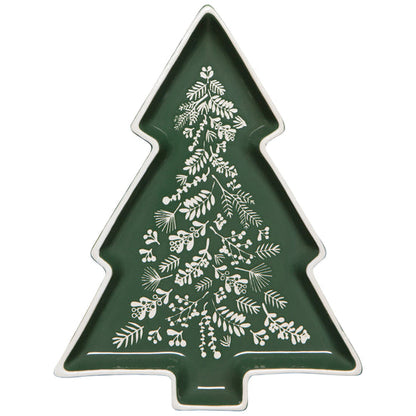top view of Christmas tree-shaped tray with evergreen pattern