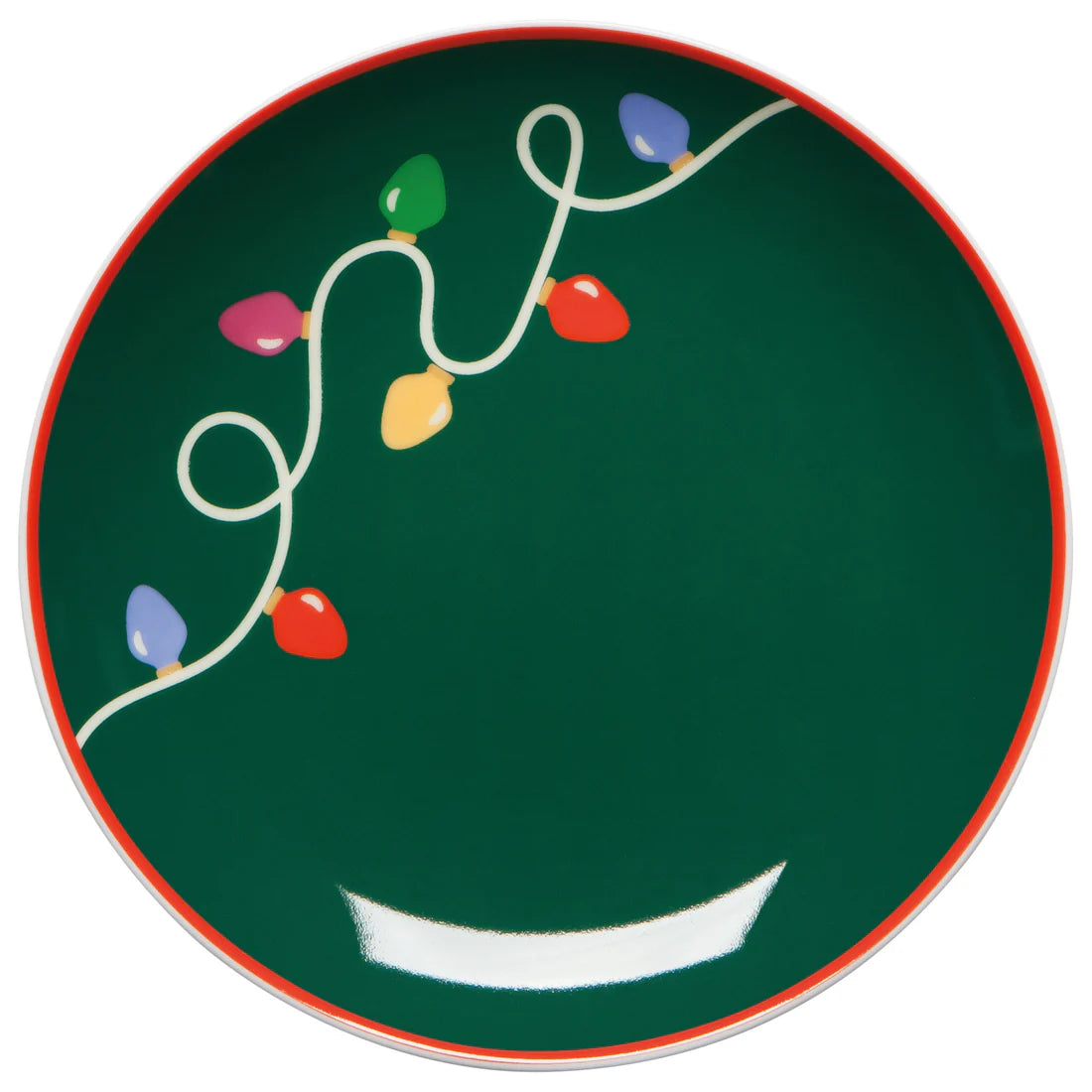 dark green plate with christmas lights pattern on one side.