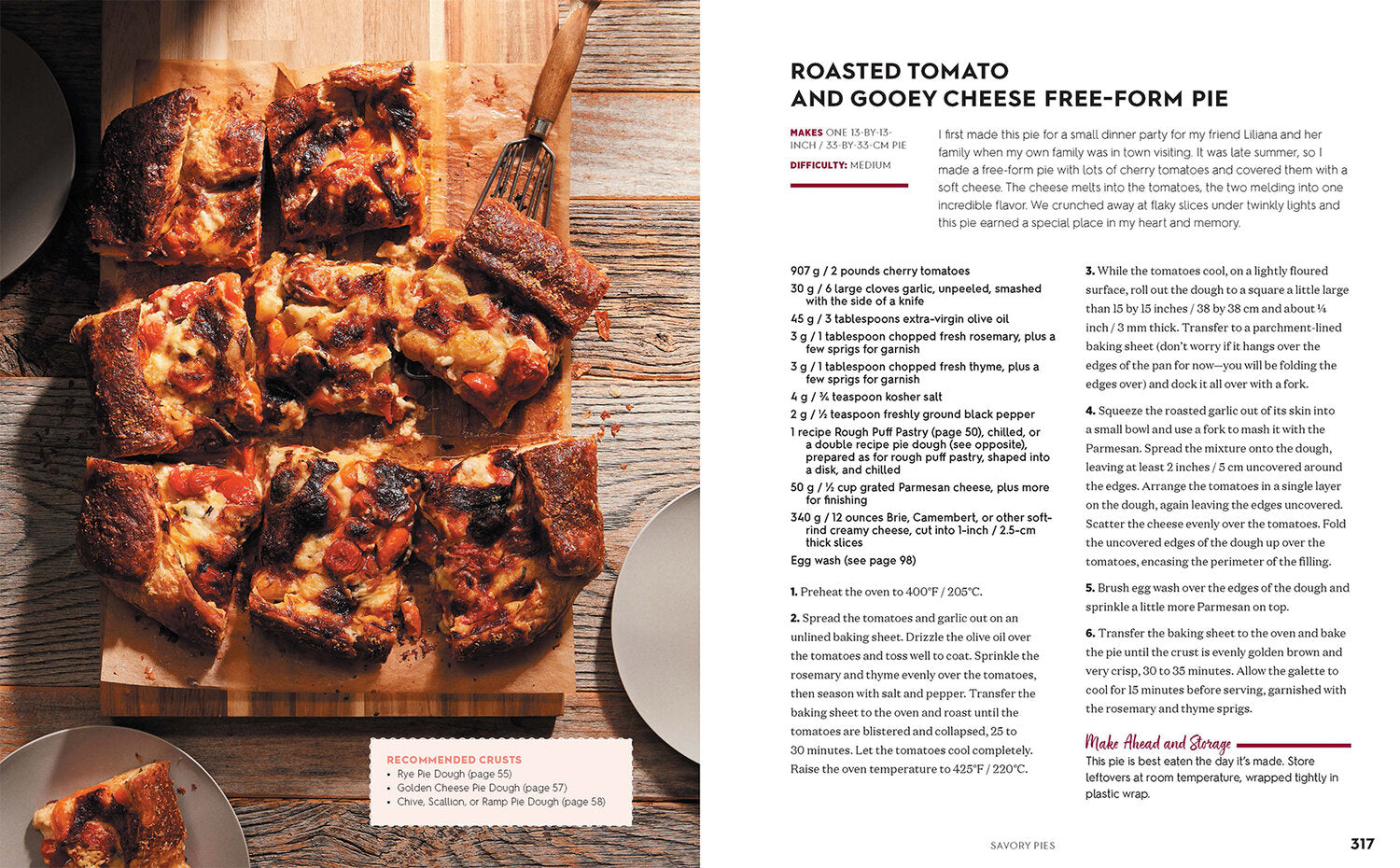 inside pages of book with photo and recipe for roasted tomato and gooey free-form pie.