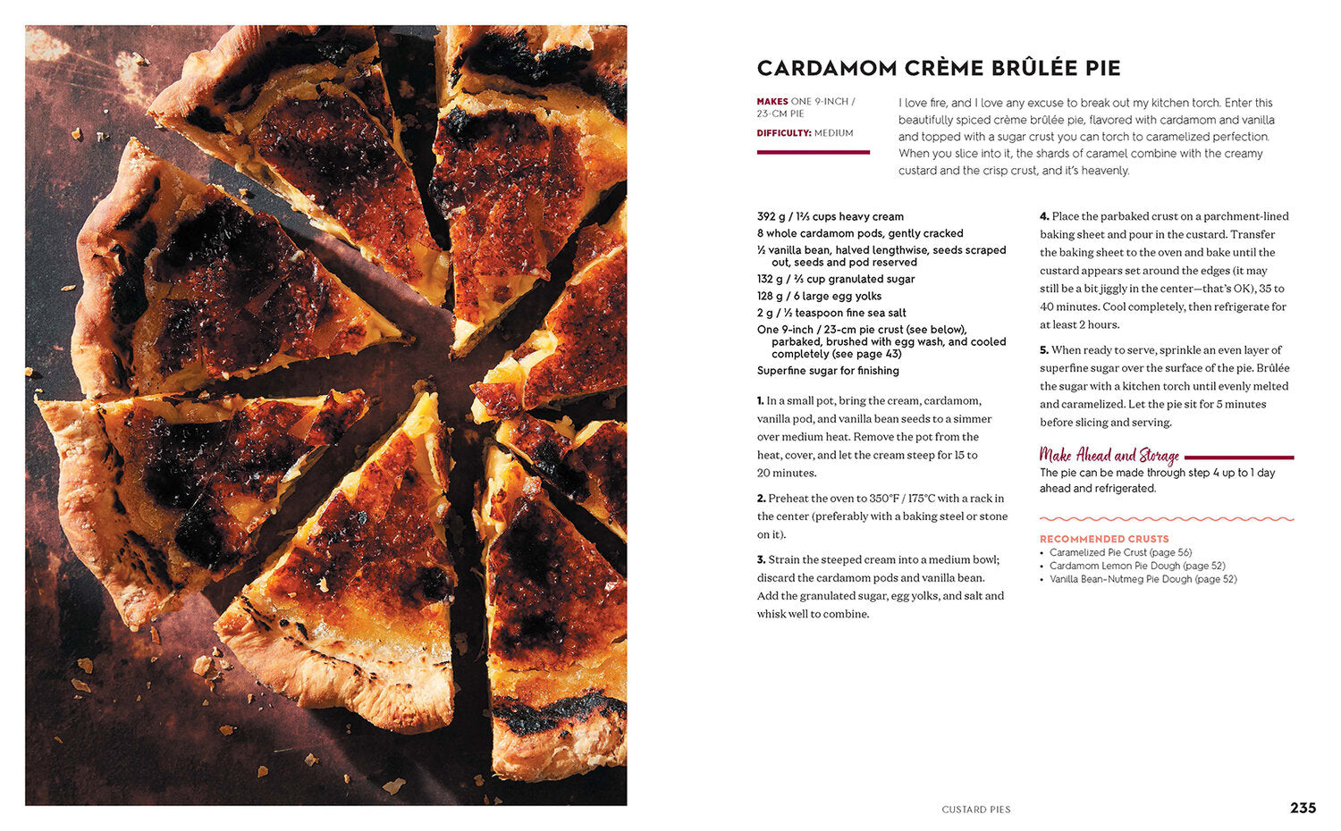 inside pages from book with photo and recipe for cardamom creme brulee pie.