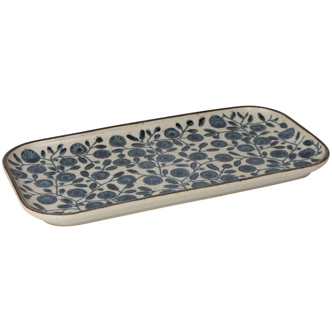 side view of rectangular ceramic tray with blue floral pattern on a white background