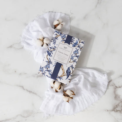Classic Linen Large Sachet arranged with white linen cloth and cotton stems