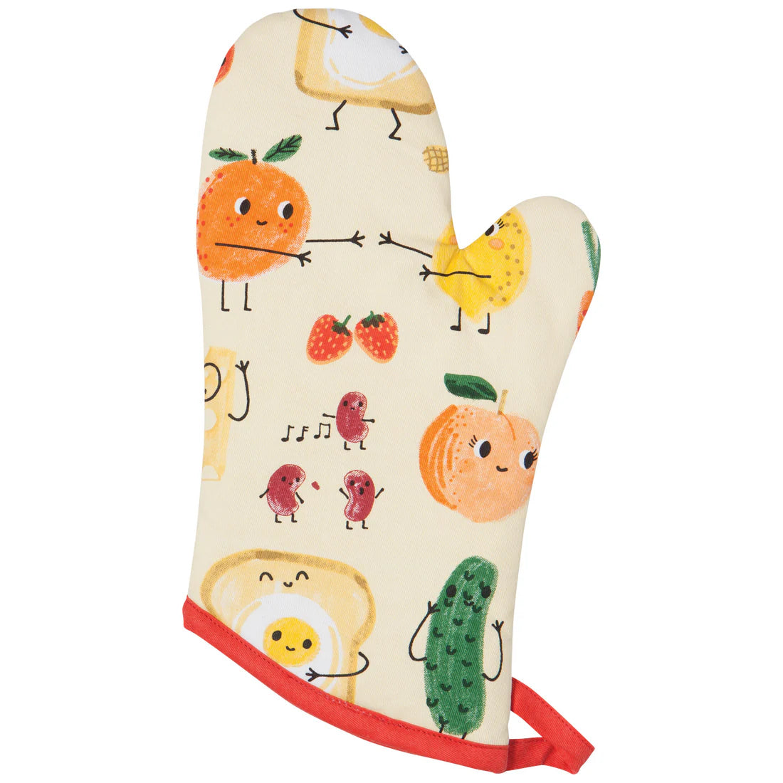 oven mitt with a colorful food-themed pattern including fruits and kitchen utensils on a white background with a red trim.