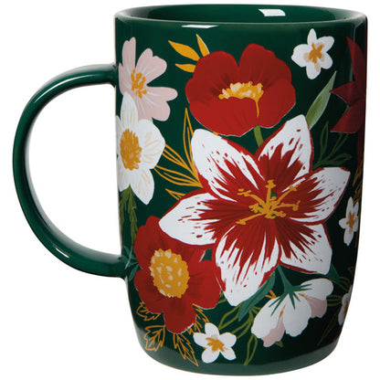 other side of Mug with floral design on a white background