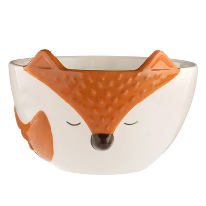 off-white and orange bowl with fox design on a white background.