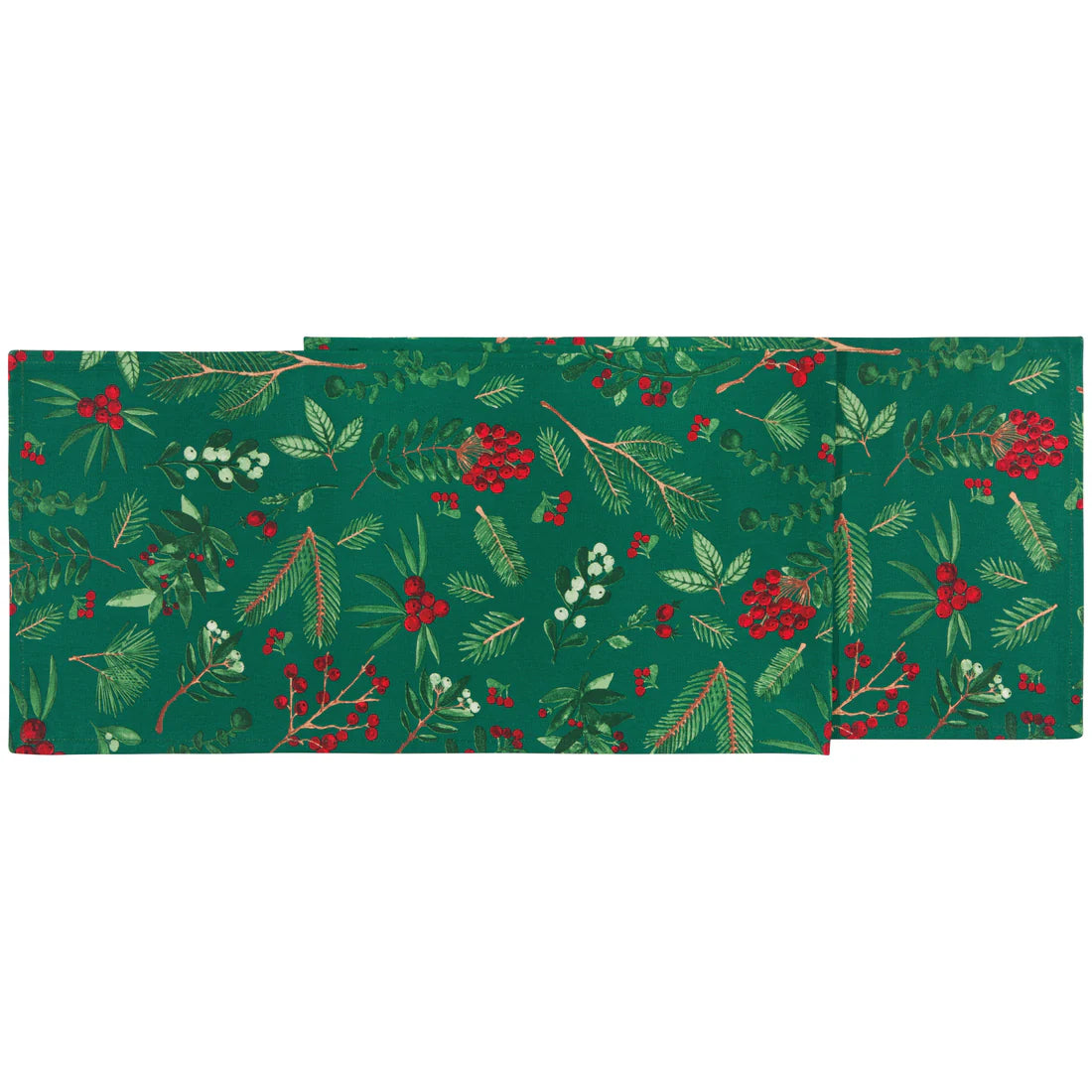 green runner printed with assorted evergreen and berry pattern.