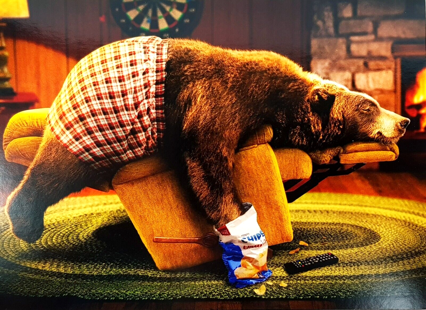 front of card is a brown bear with boxers on laying on a recliner with his hand in a bag of chips