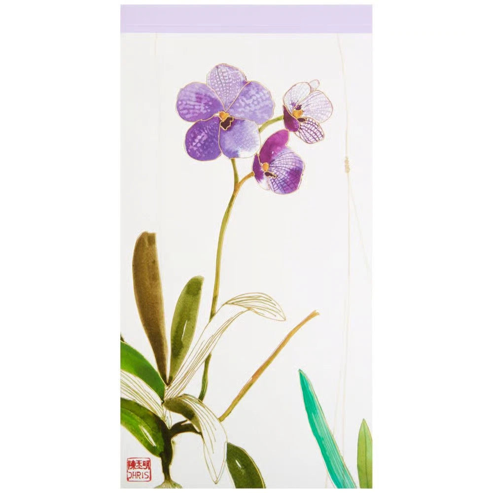 notepad cover with purple orchid design on a white background