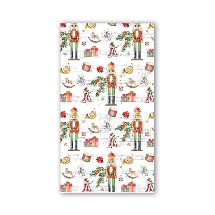 nutcracker suite hostess napkins printer with colorful nutcrackers, winter florals, and sheet music in the background.