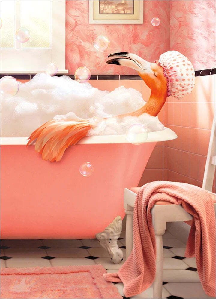 front of card is a flamingo in a pink bathtub