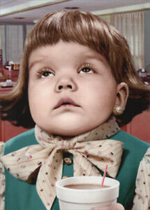 front of card is a little girl rolling her eyes in a diner holding a cup of hot chocolate