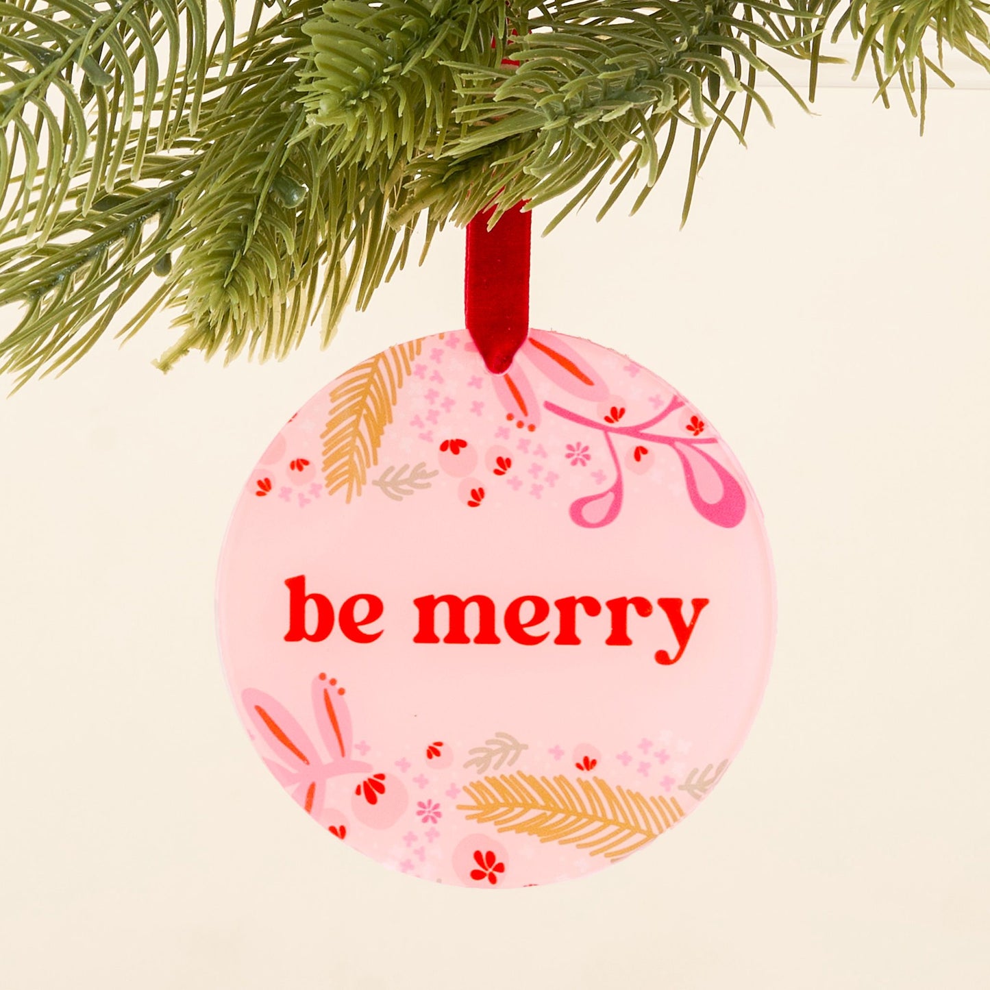 circle pink festive "be merry" ornament