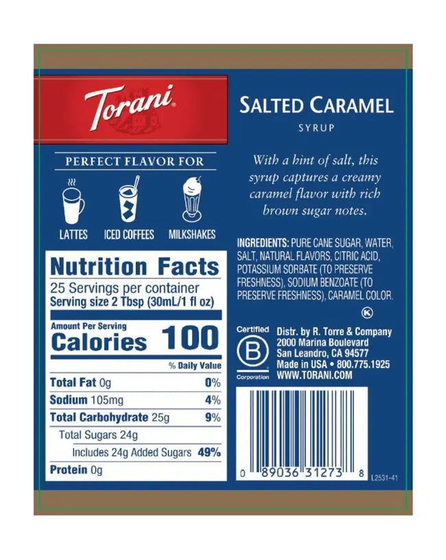 torani salted caramel syrup nutritional label