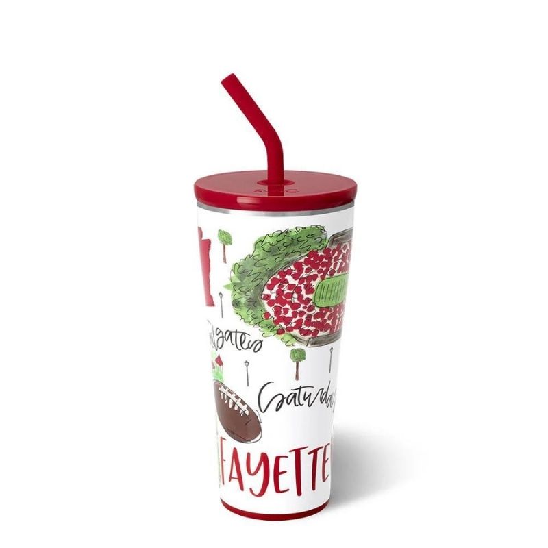 32oz. SWIG travel tumbler with red top and straw featuring football scenes and words "Saturday in Fayetteville" on a white background.