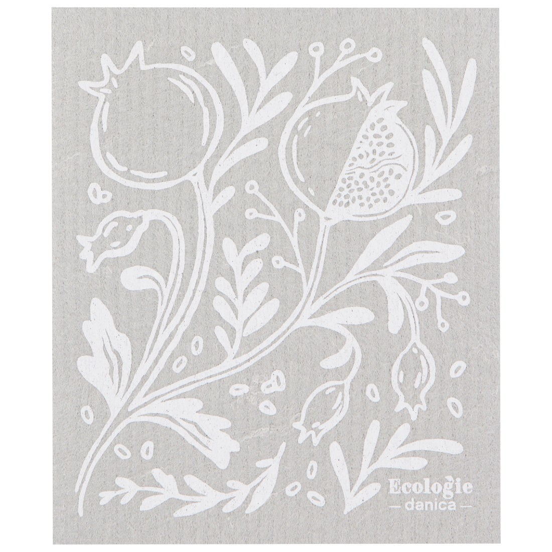 grey dishcloth with white outlines of pomegranates and vines printed on it