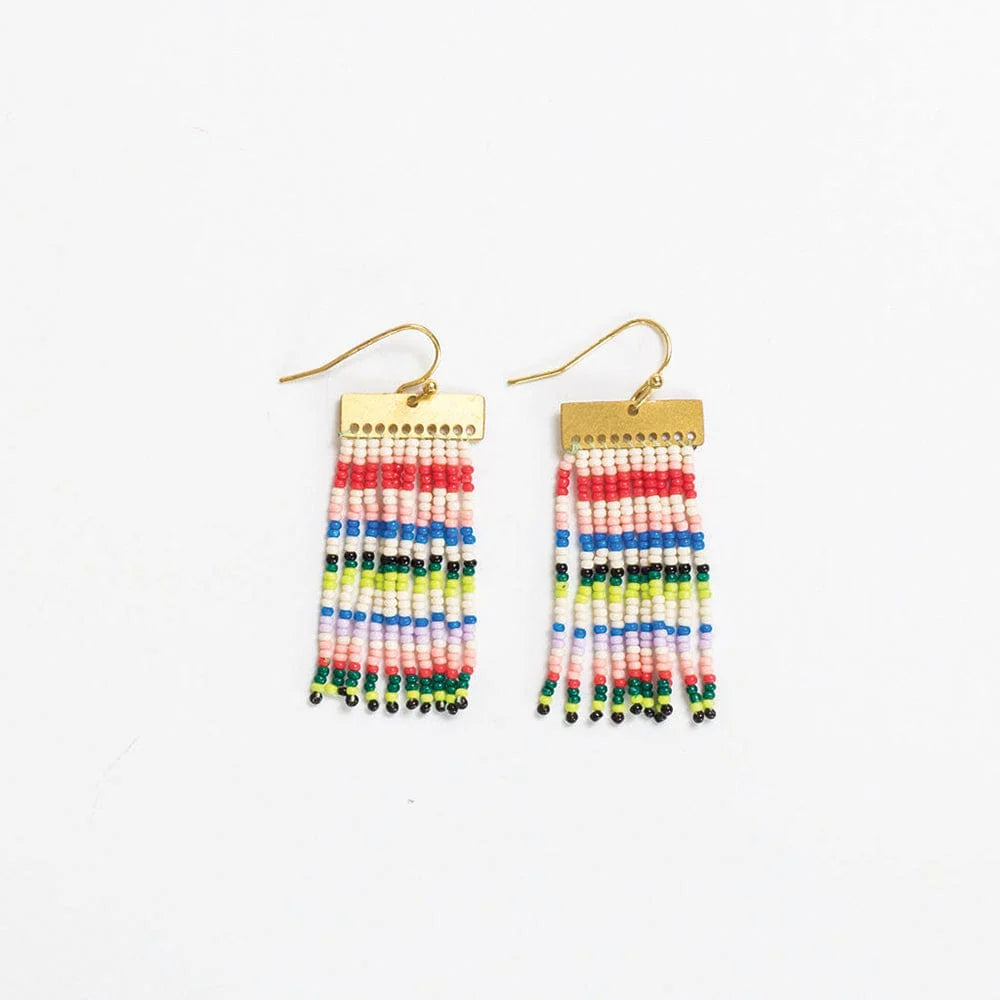 Multicolored beaded fringe earrings with gold hooks on a white background