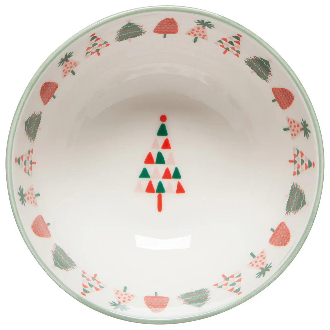 top view of bowl with red and green tree around the perimeter and a dotted tree in the center bottom.