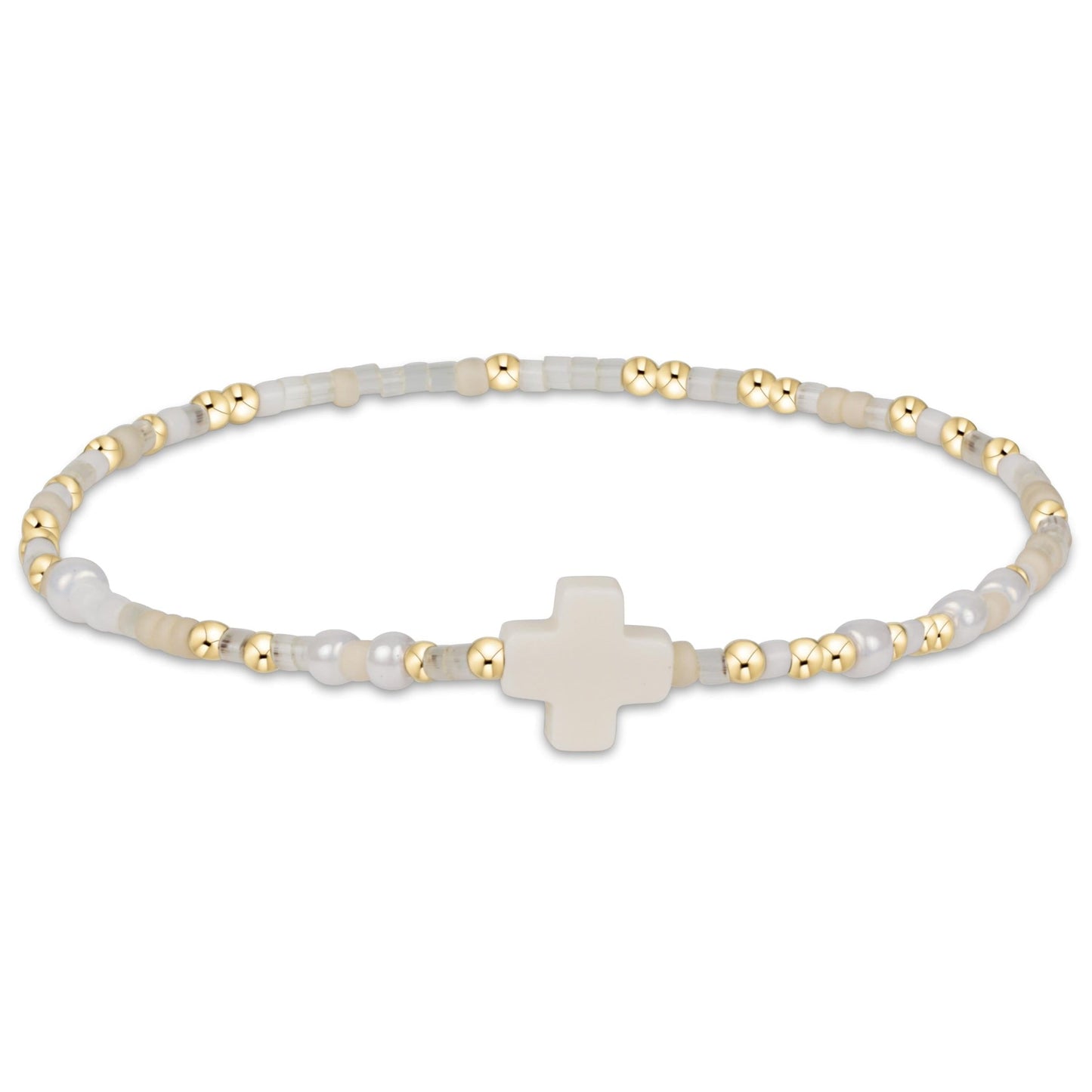 Hope Unwritten Signature Cross Bracelet, Call Me with white and gold beads and a white cross