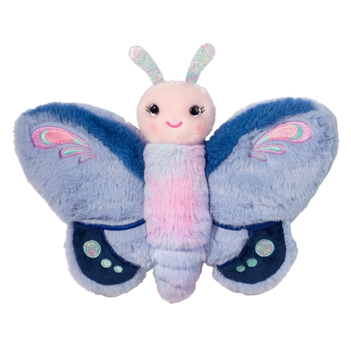 front view of pink, blue, and purple plush butterfly puppet