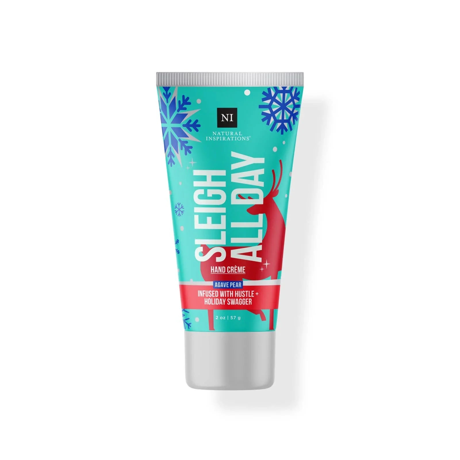 teal tube of Sleigh All Day Hand Creme with white text and snowflakes