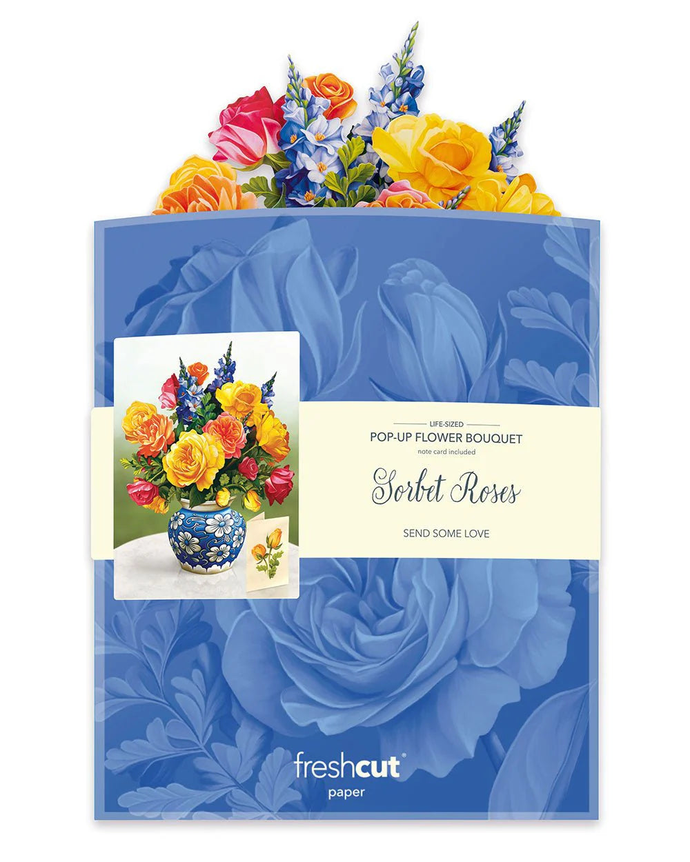 Sorbet Roses Pop-Up Bouquet coming out of its blue envelope