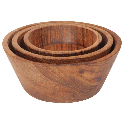 three teak wood pinch bowls, stacked inside each other, with variations in wood color and grain.