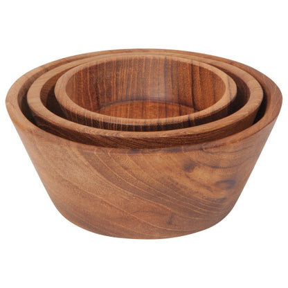 three teak wood pinch bowls, stacked inside each other, with variations in wood color and grain.