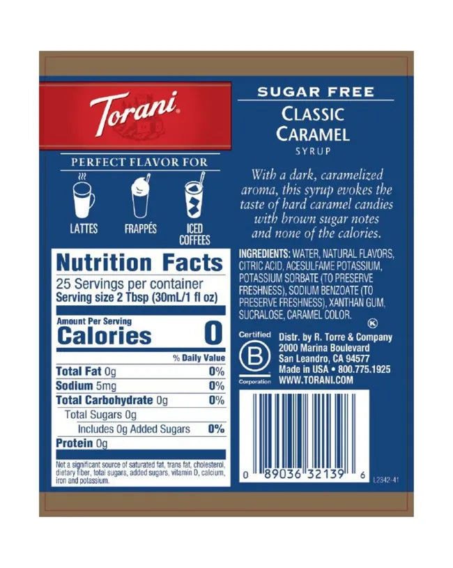 Torani sugar free classic caramel syrup nutritional label
