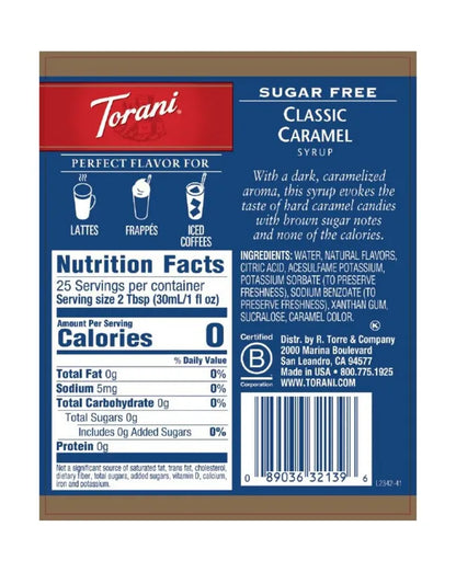 Torani sugar free classic caramel syrup nutritional label
