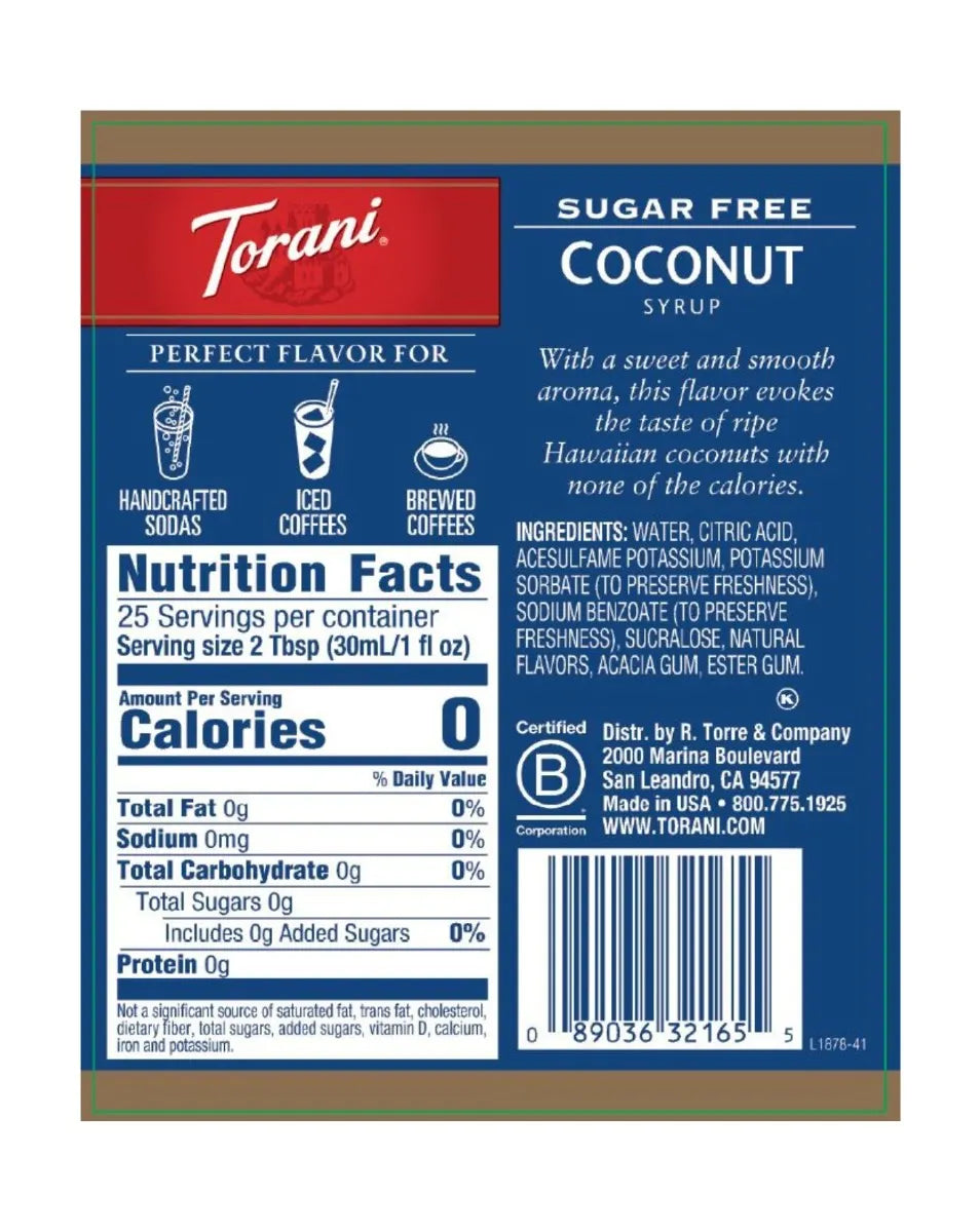 Torani sugar free coconut syrup nutritional label