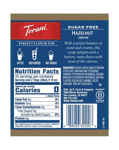 torani sugar free hazelnut syrup nutrition