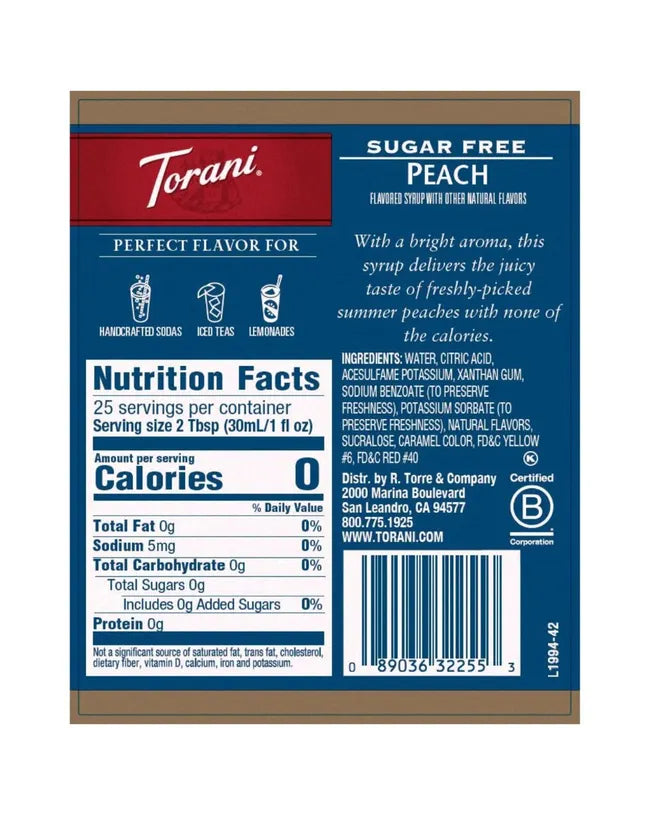 torani sugar free peach syrup nutritional label