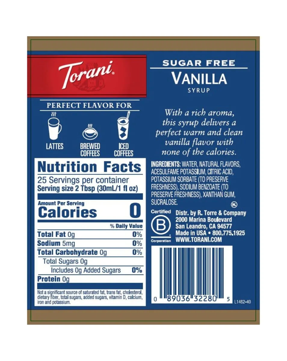 torani sugar free vanilla syrup nutritional label