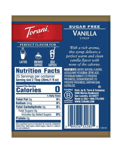 torani sugar free vanilla syrup nutritional label