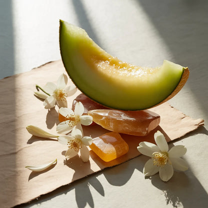 slice of melon, white flowers, and pieces of amber arranged on a piece of brown paper on a light grey background