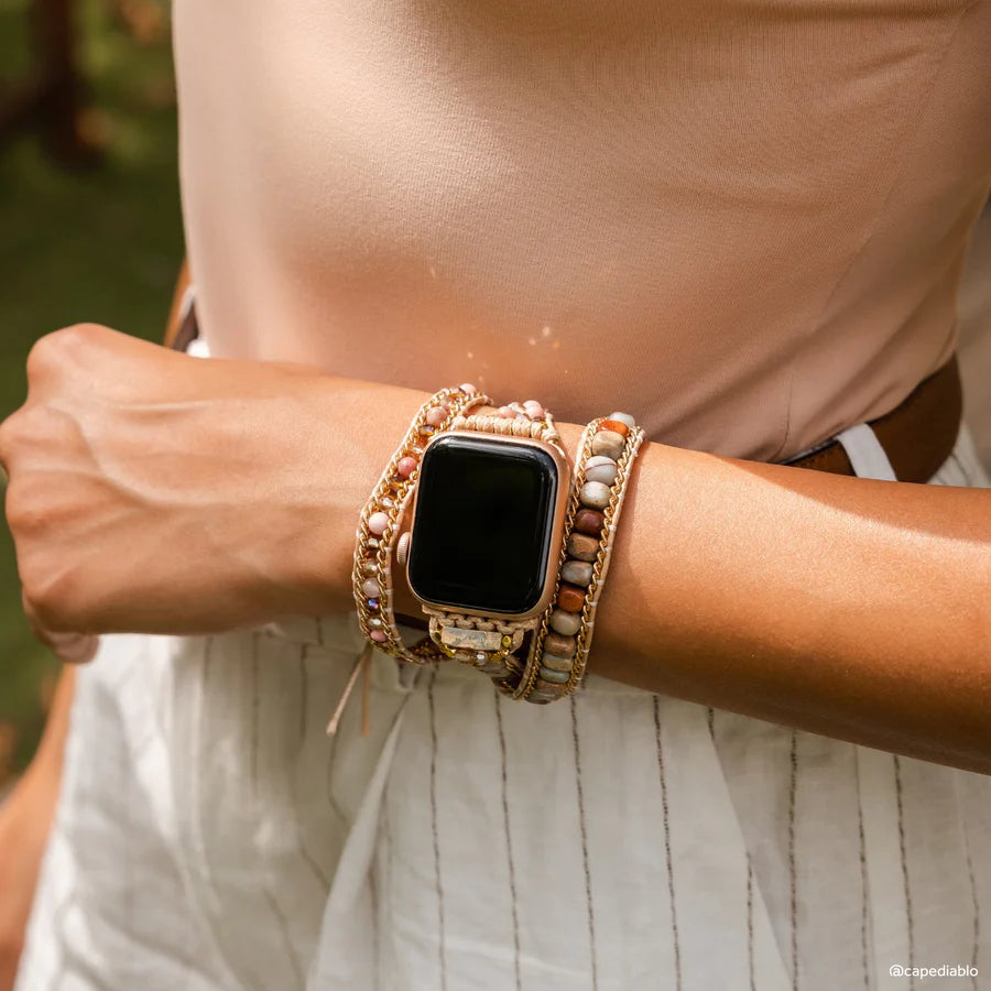 close-up of person's wrist wearing  Sweet Jasper strap on an apple watch.