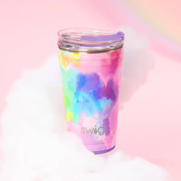 pastel tie-dye swig party cup arranged on a pink background with clouds.