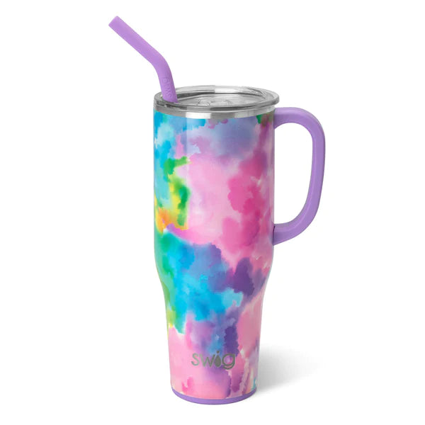 pastel watercolor tie-dye swig mug on a white background.