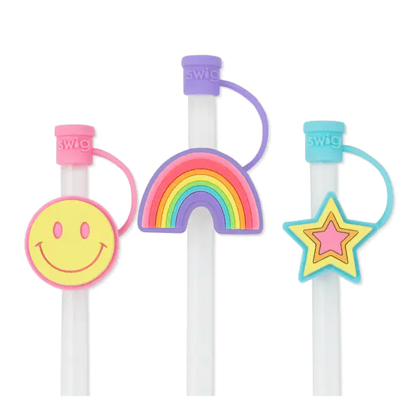 smiley face, rainbow, and star straw toppers on straws.