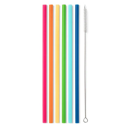 assorted rainbow colored straws and a cleaning brush.